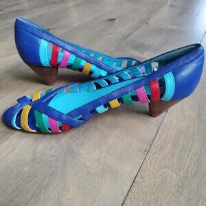 Dani Black Size 9 Heels Pumps Leather Bright Blue Multicolor Peep Toe Slip On LN